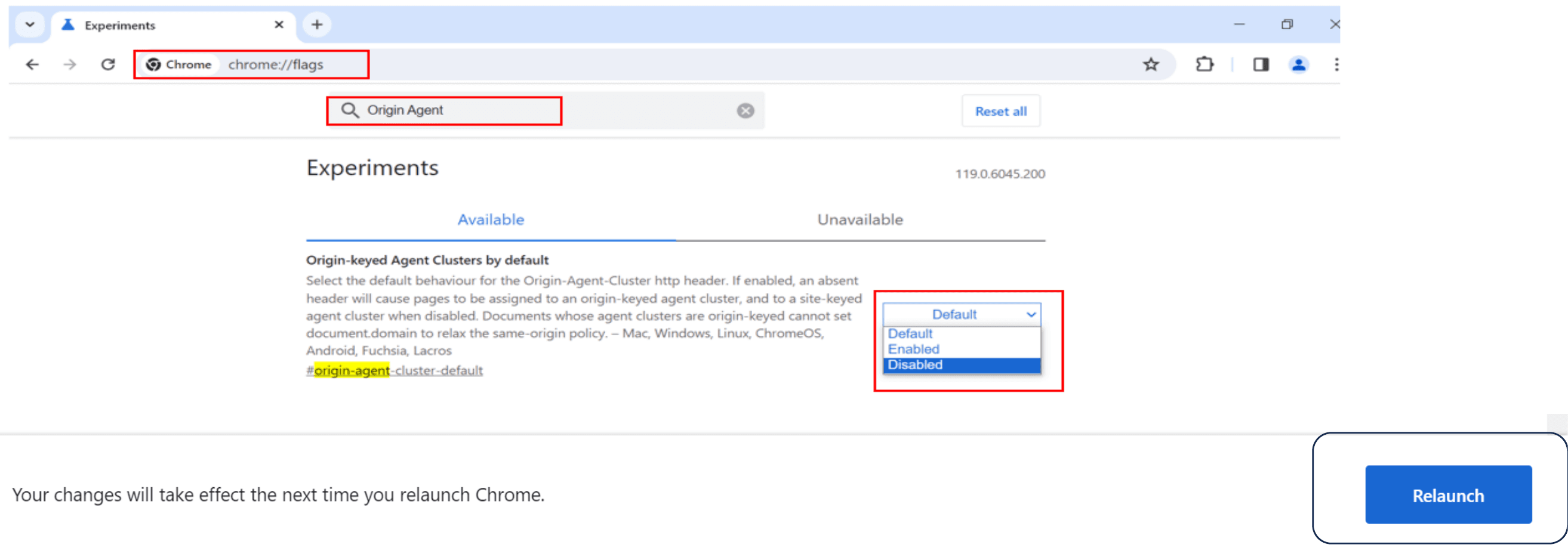 صفحة خيارات Chrome بعد تصفيتها على Origin Agent، ويظهر فيها خيار Origin-keyed Agent Clusters by default وقائمته المنسدلة مفتوحة وقد اختير Disabled، وزر Relaunch الأزرق أسفل النافذة.