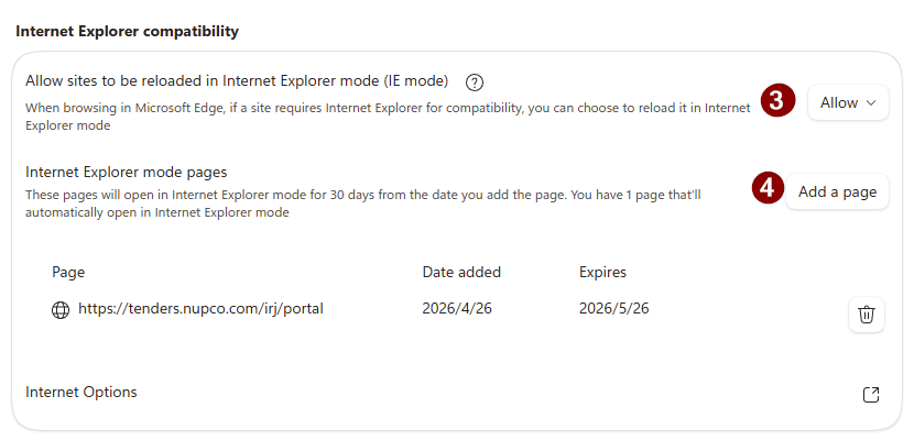 قسم Internet Explorer compatibility في إعدادات Edge يعرض القائمة المنسدلة Allow ورابط نوبكو مُضافاً إلى قائمة صفحات وضع Internet Explorer