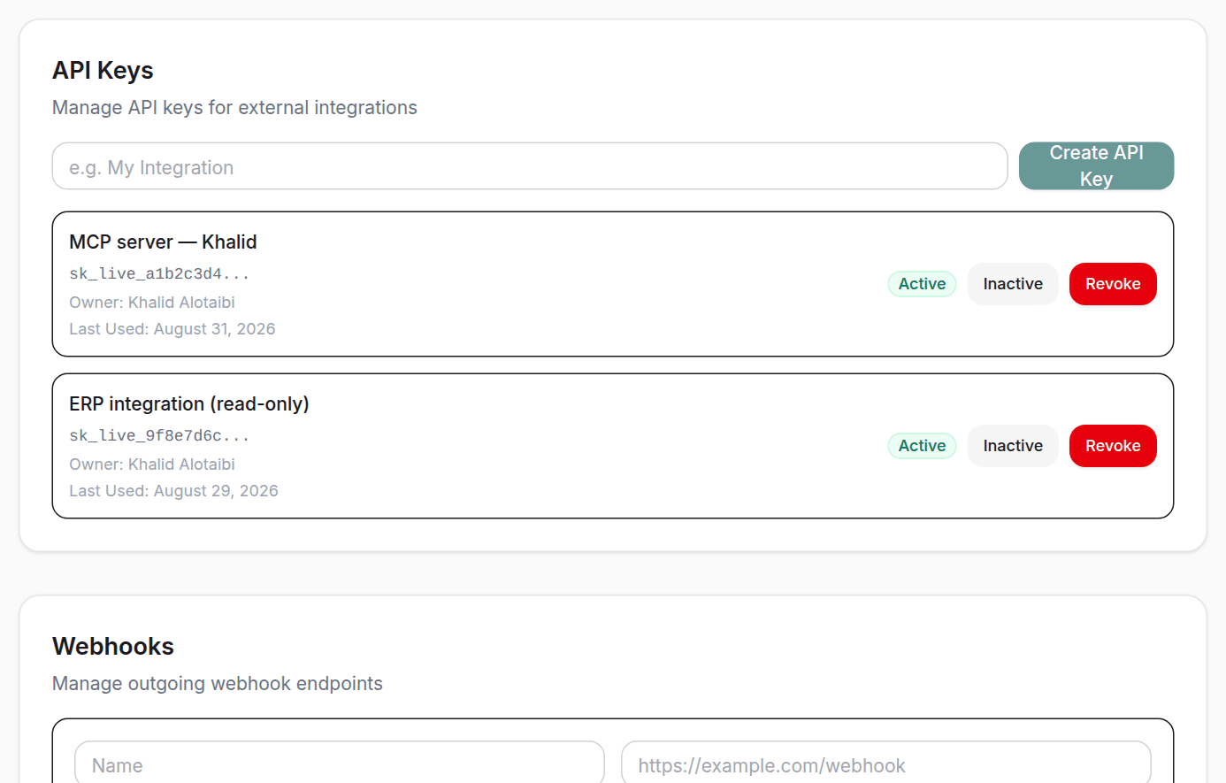 The API keys card in settings: two keys with their prefixes and the deactivate and revoke buttons