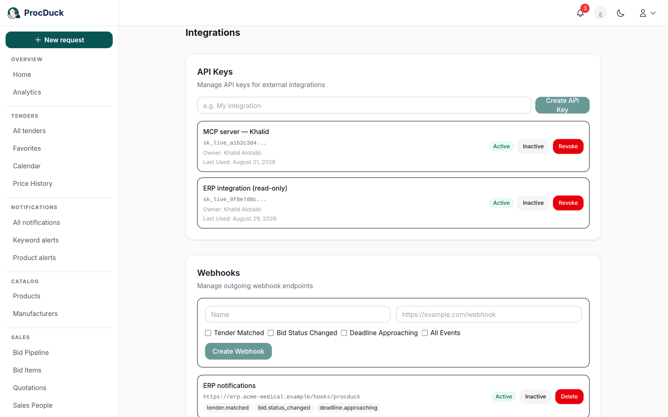 The integrations page: the API keys card and the webhooks card with one configured endpoint