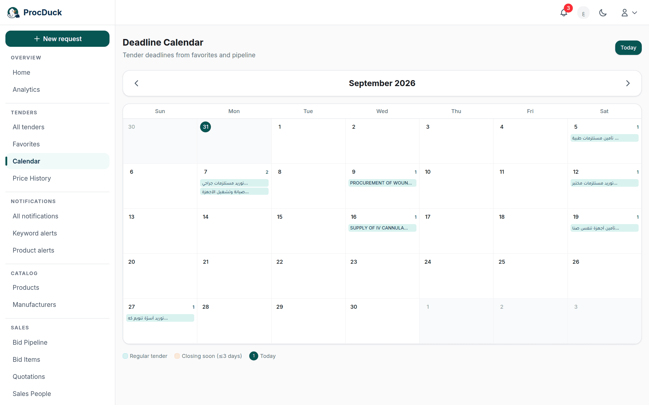 The deadline calendar in month view with tenders on their deadline days