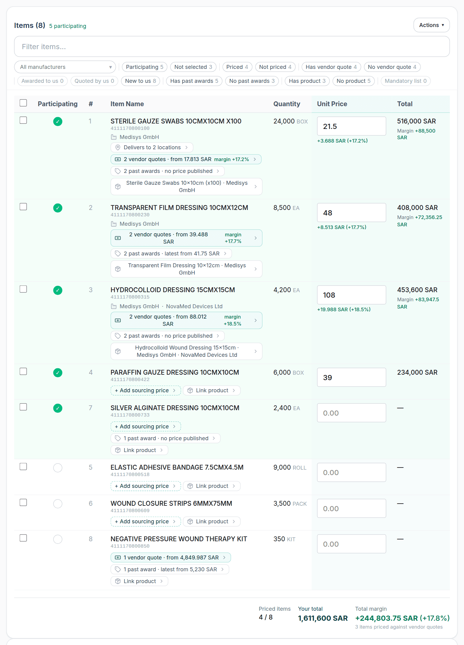 A NUPCO tender's items table with participation, pricing and vendor quotes