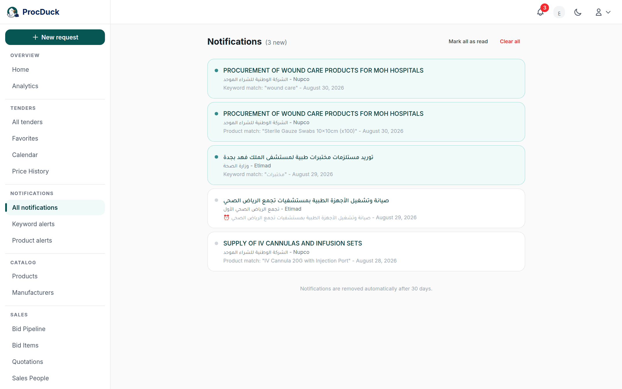 The notifications page: keyword and product matches, the unread ones highlighted