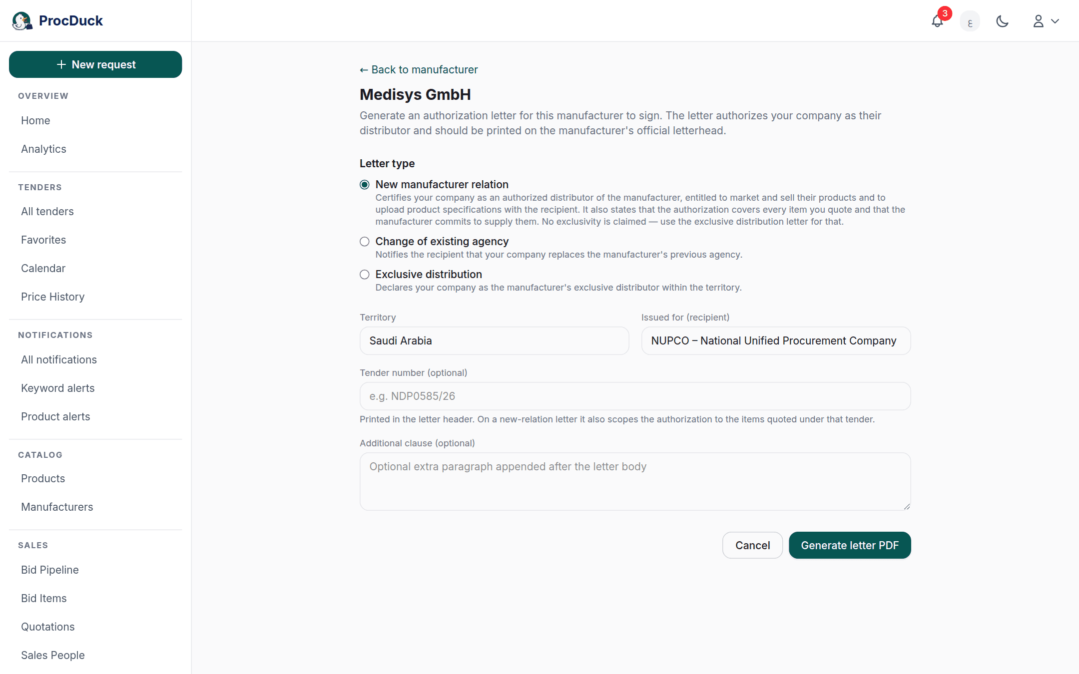 The authorization letter page: letter type, recipient and the generate-PDF button