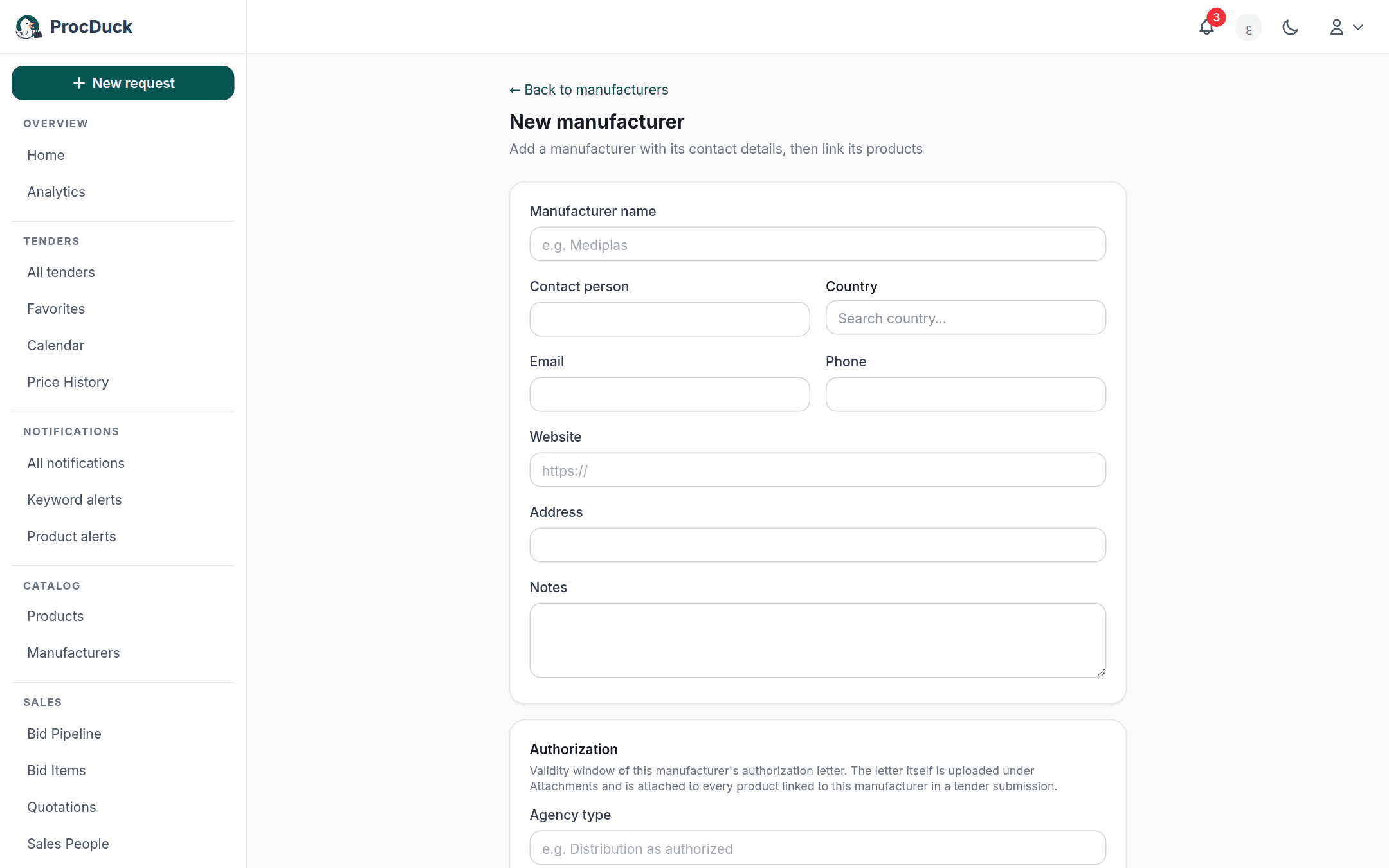 The new manufacturer form: contact details, country and the authorization fields