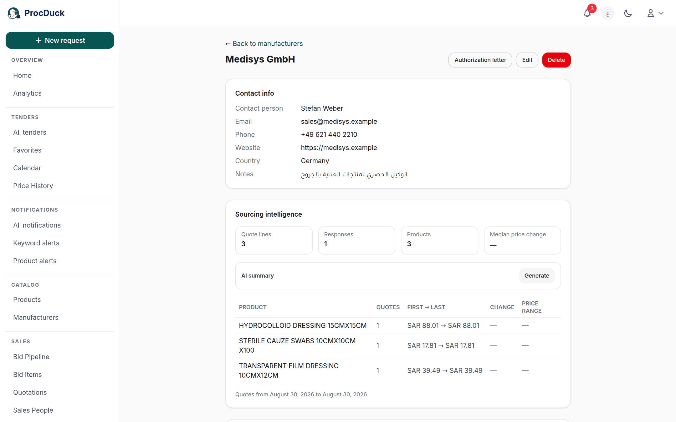 A manufacturer's page: contact info, sourcing intelligence and linked products