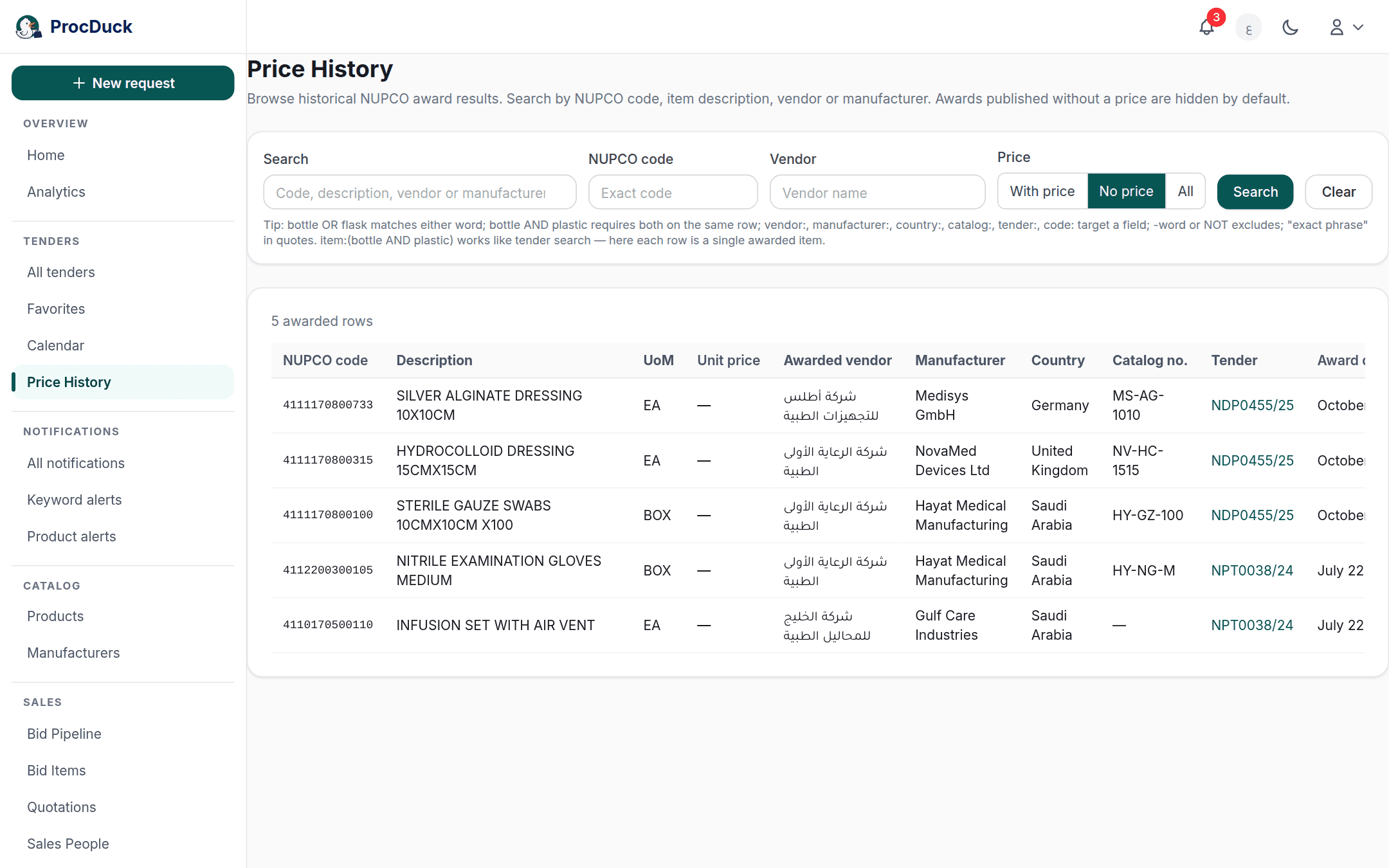 The No price filter selected, the table showing awards published without prices. A dash where the price would be