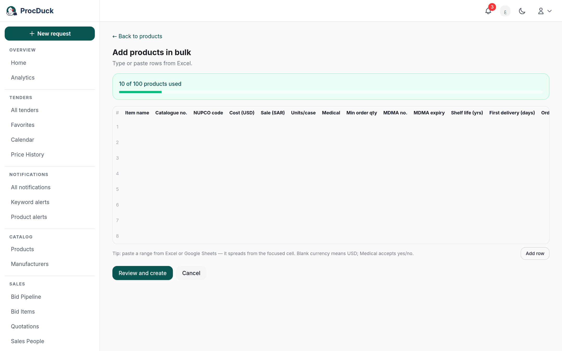 The bulk add grid: rows you type or paste straight from Excel