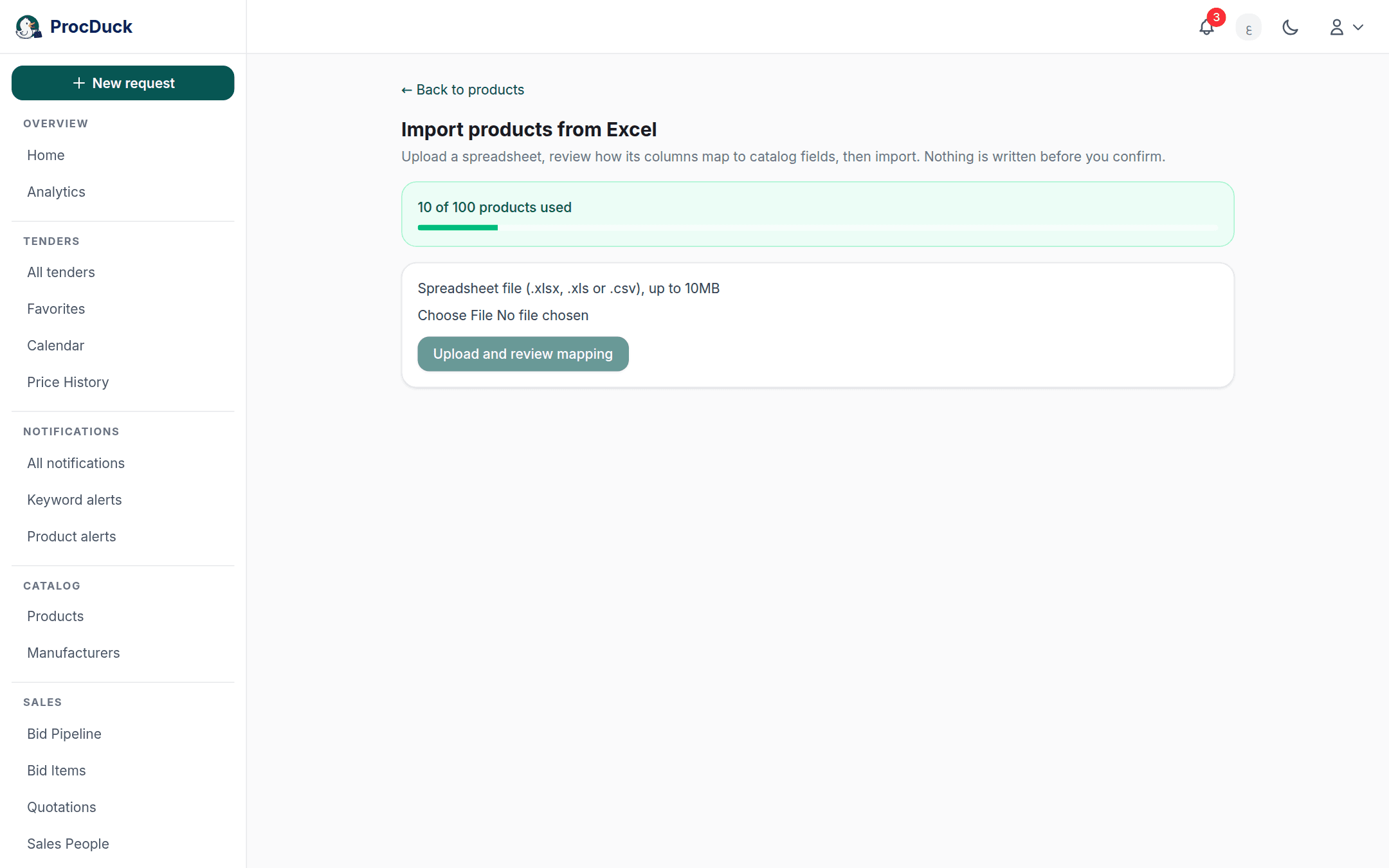 The product import page: upload the sheet and review the column mapping