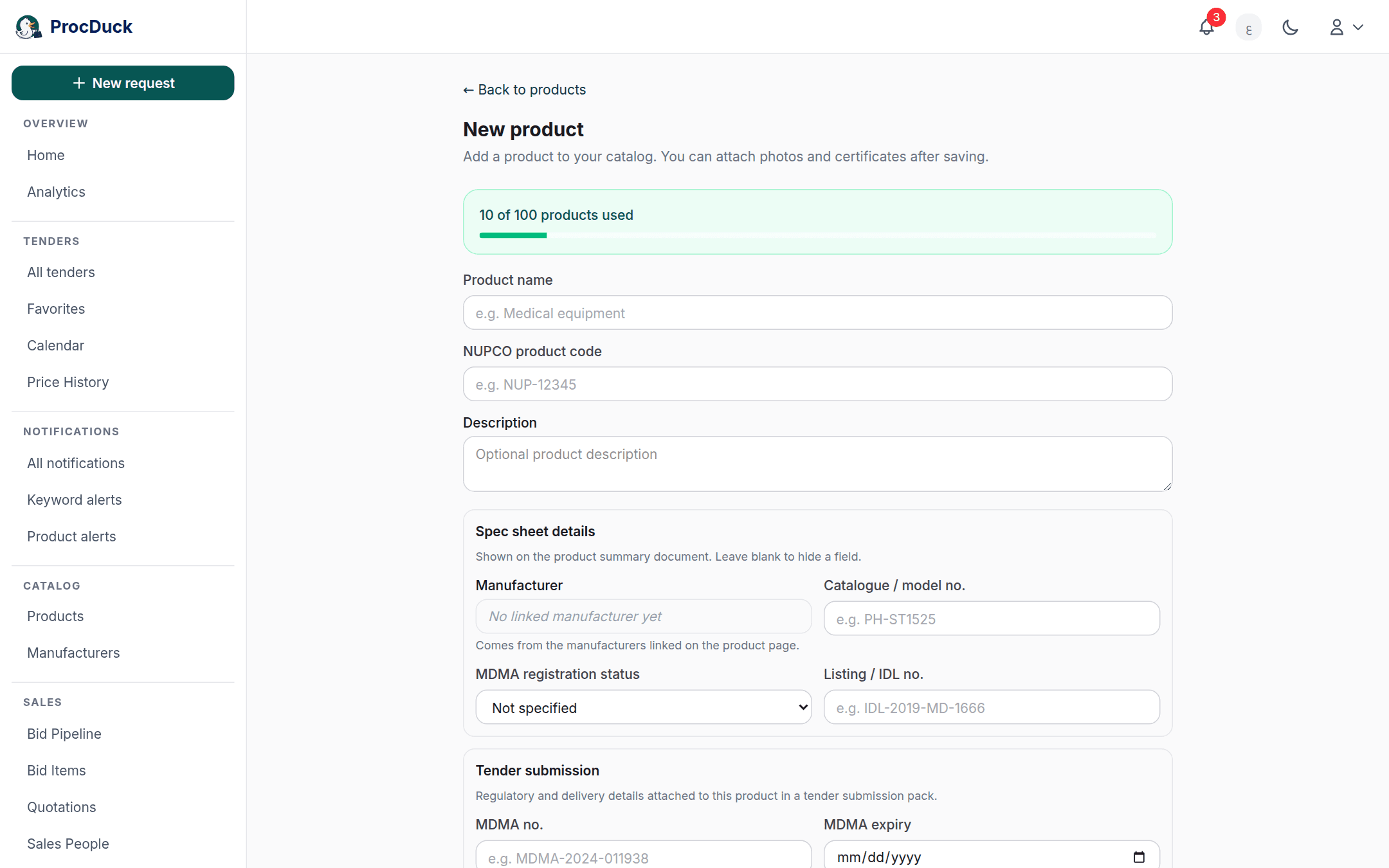 The new product form: name, NUPCO code, description and spec details
