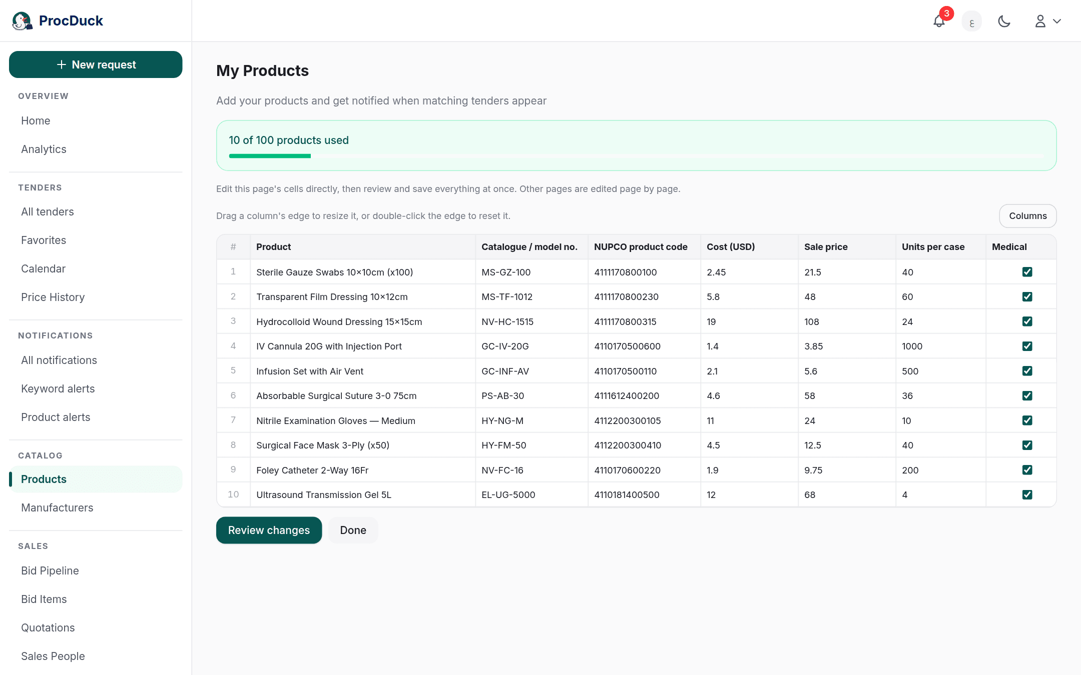 Edit-in-table mode: the catalog as a grid of editable cells