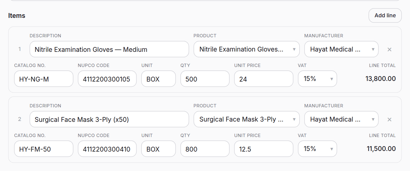 The quotation line editor: description, product, manufacturer, quantity, price, VAT and line total