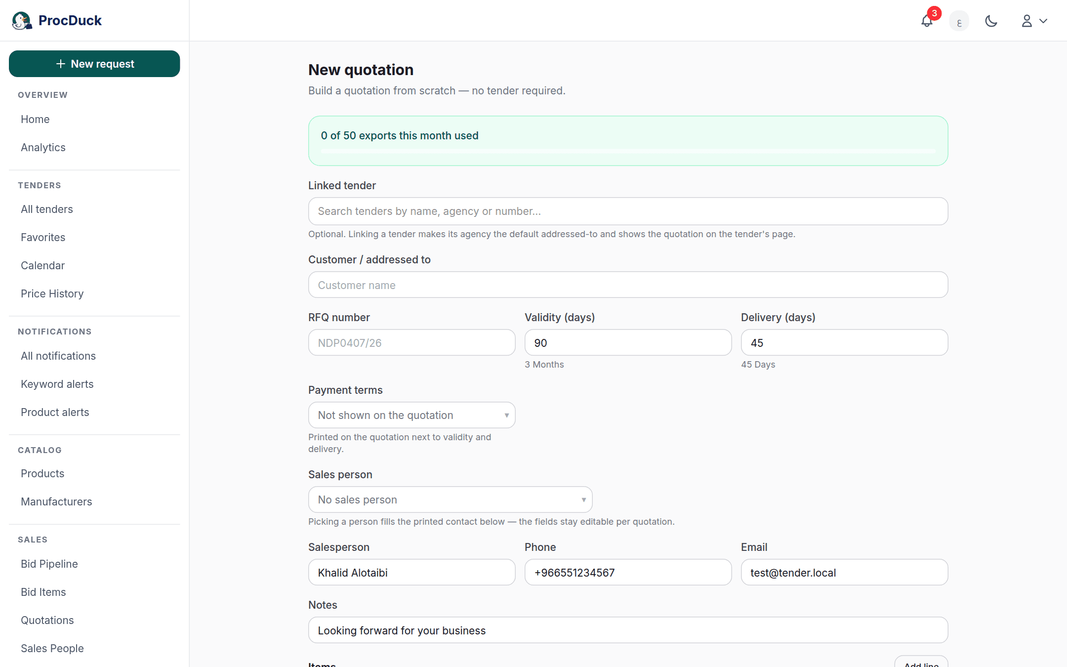 The new quotation form: linked tender, customer, validity, delivery and sales person