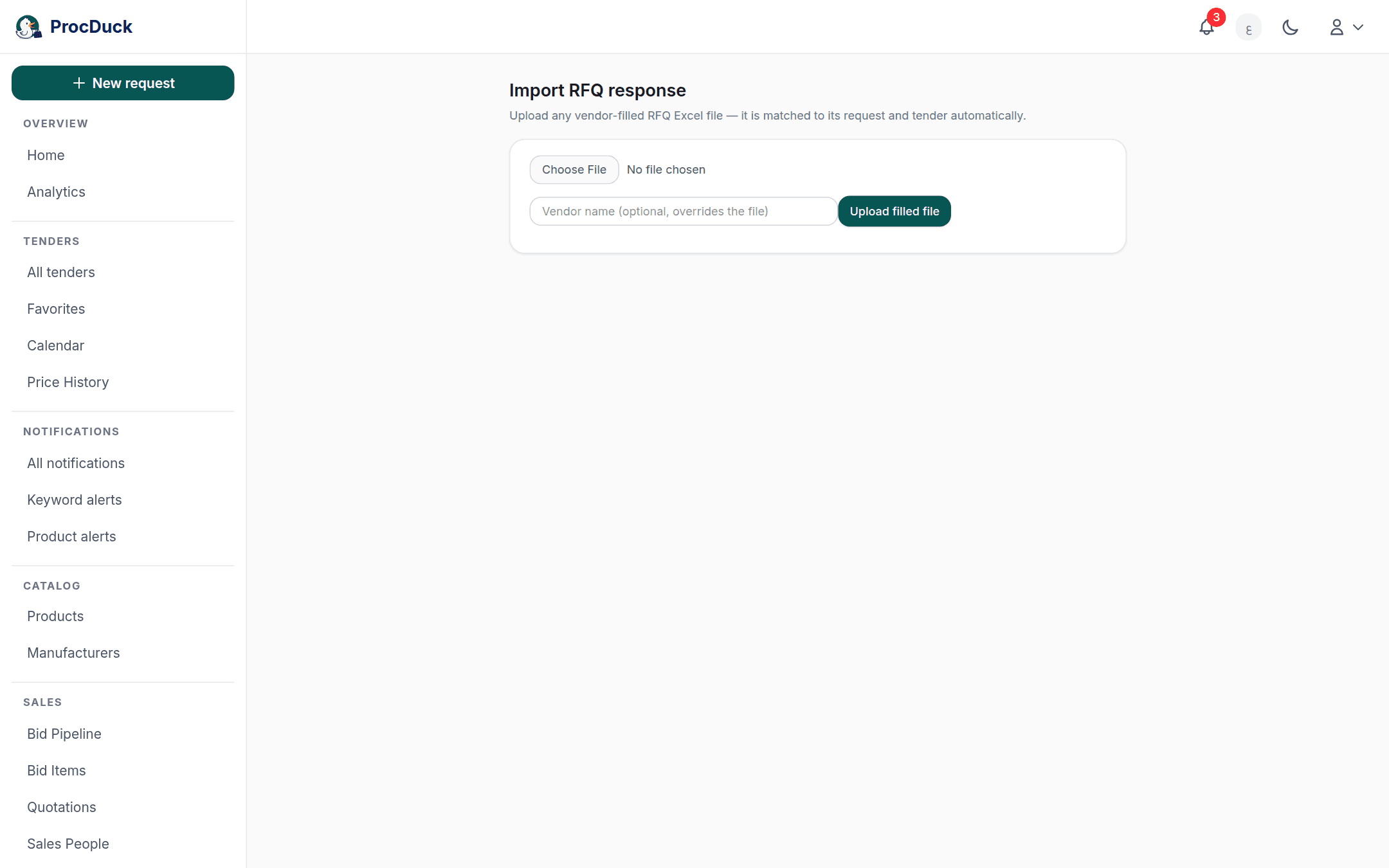 The RFQ response import page: upload a vendor's file and it is matched to its request and tender automatically
