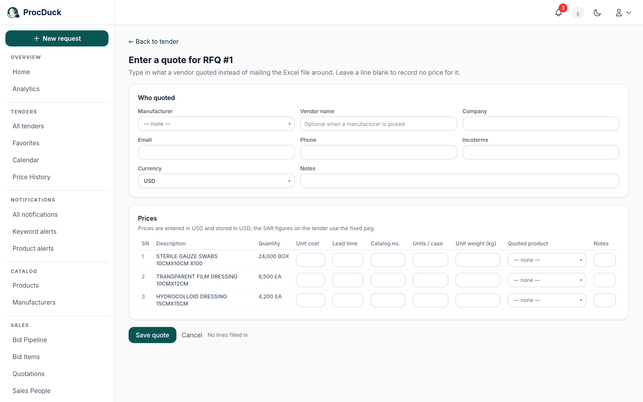The manual quote entry page: the vendor's details and the item lines with their prices
