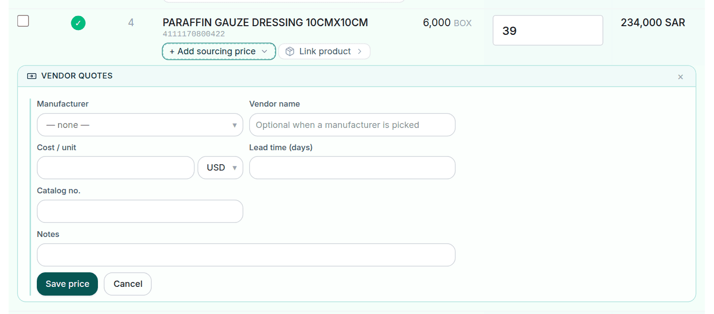 The add-sourcing-price form open under an item on the tender page