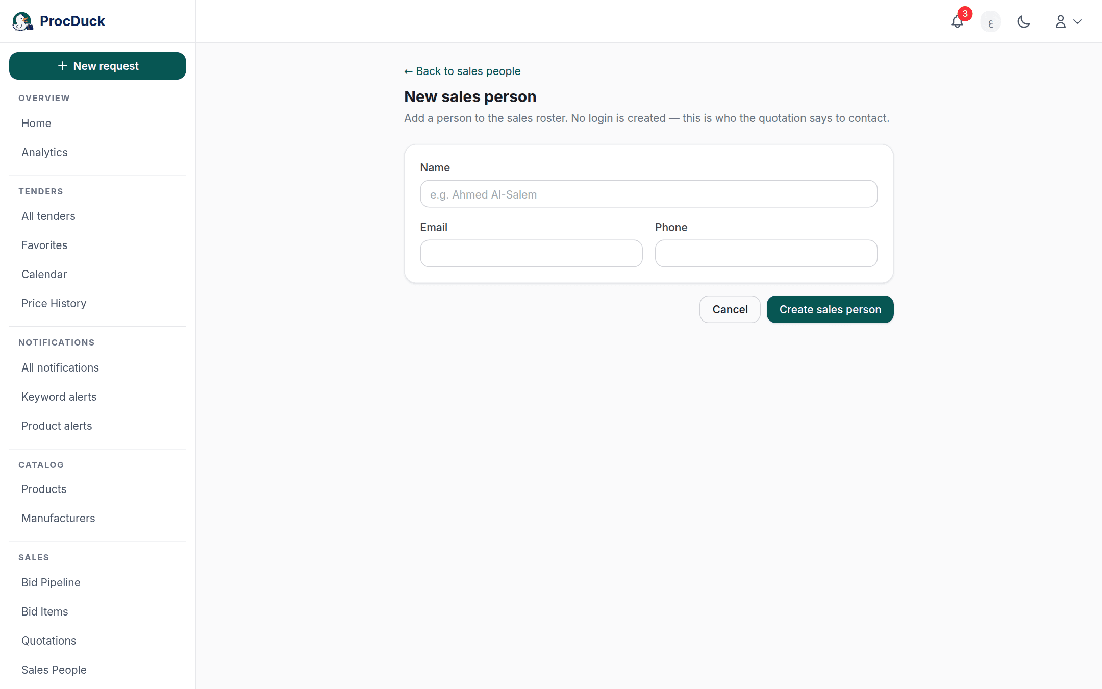 The new sales person form: name, email and phone