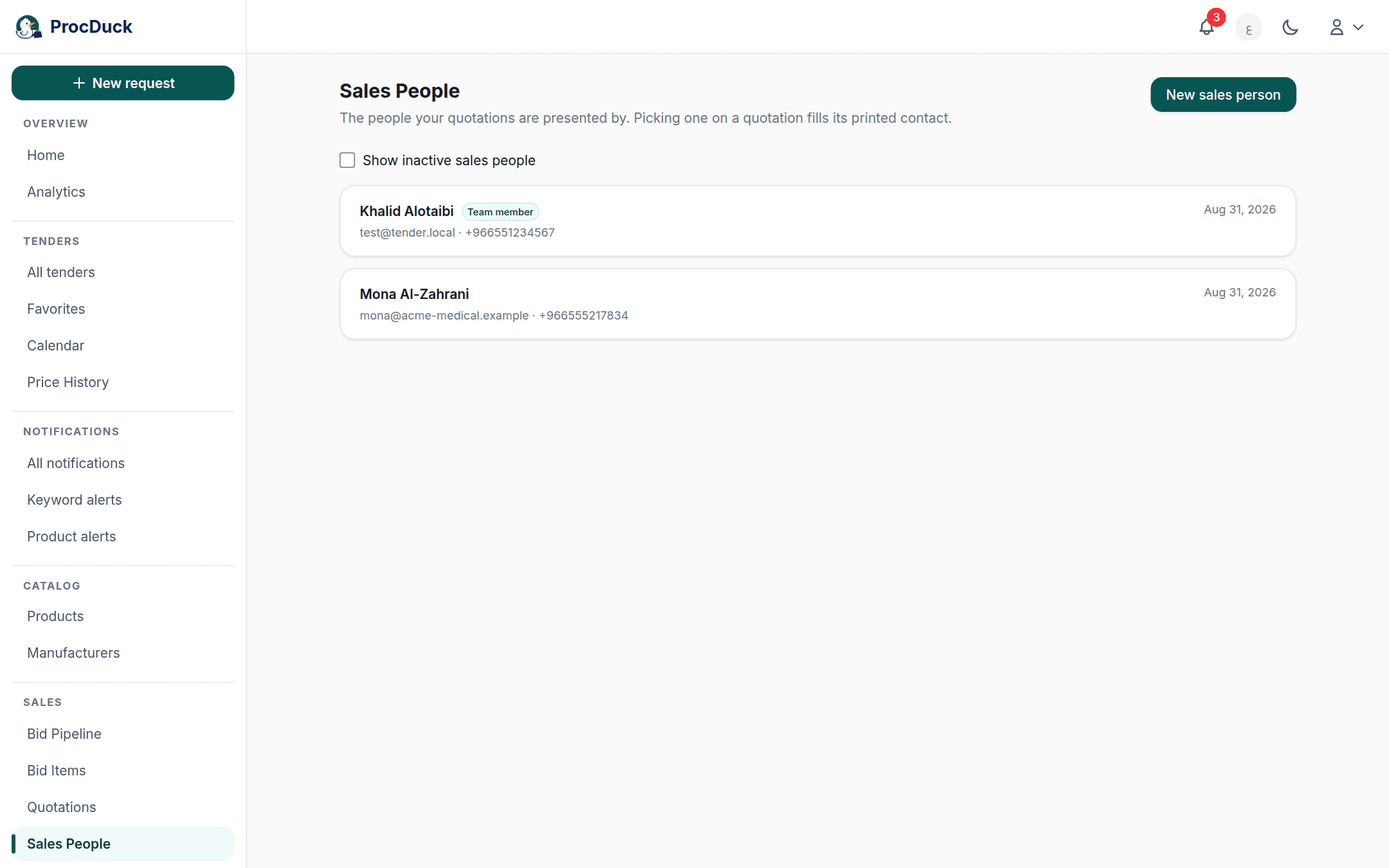 The sales roster: name, email, phone and active state