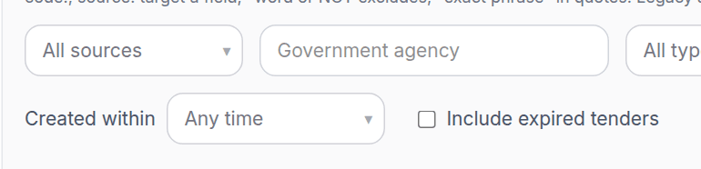 The filter row: source, agency, type, expiry window, created-within window and the expired-tenders checkbox