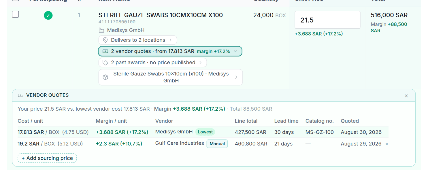 The vendor quotes panel open under an item: cost, margin, vendor and lead time for each quote