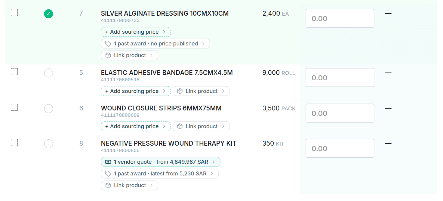 Items carrying the Link product, past award and add-sourcing-price pills