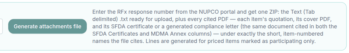 The NUPCO attachments panel: the RFx response number field and the generate button
