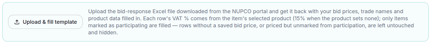 The NUPCO response fill panel: the upload-and-fill button and what gets filled