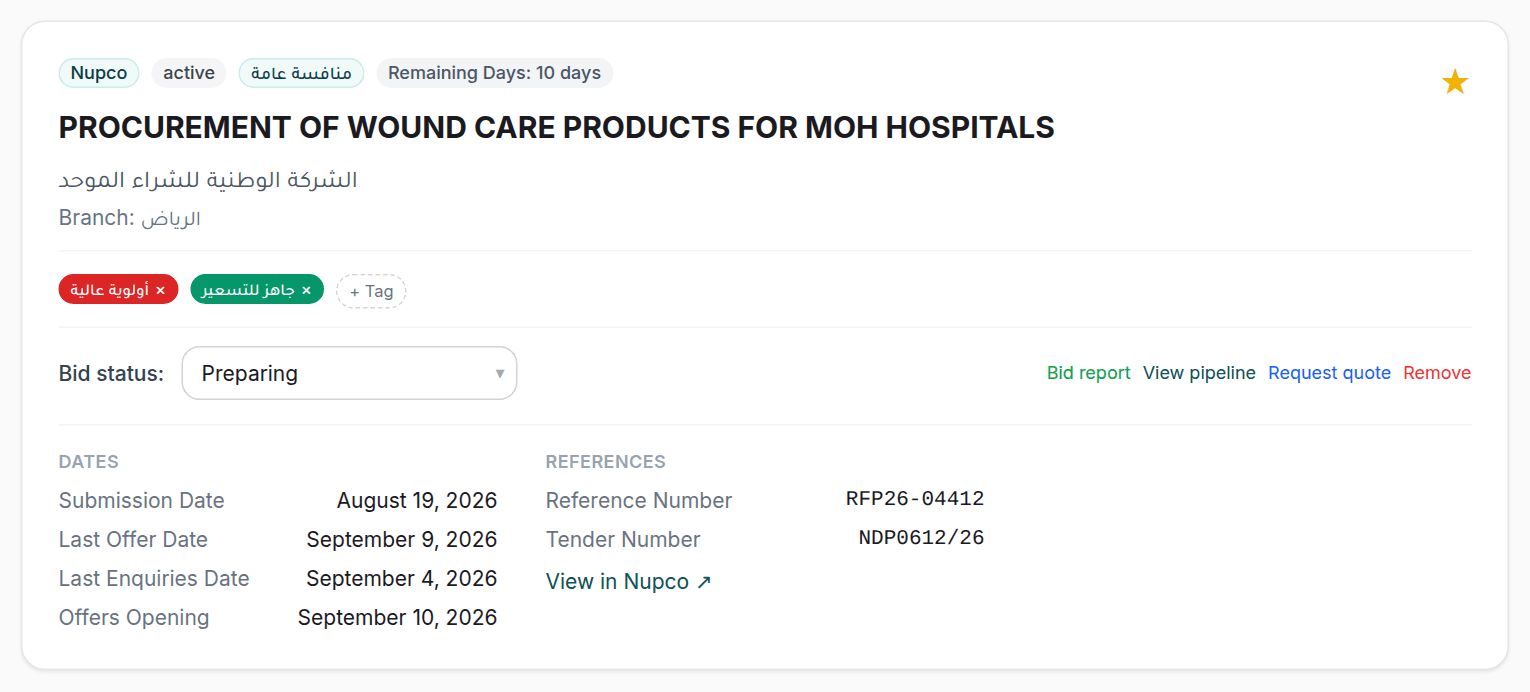 The tender details card: badges, name, tags, bid status, dates and references