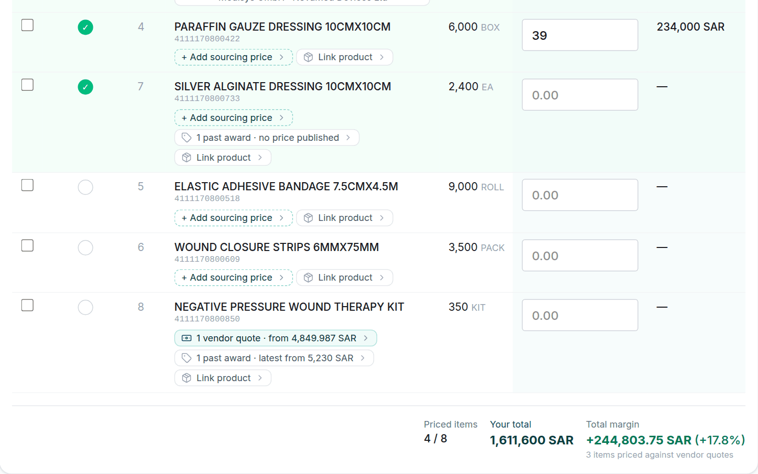 The unit price column, the pricing boxes and the totals strip with the total margin