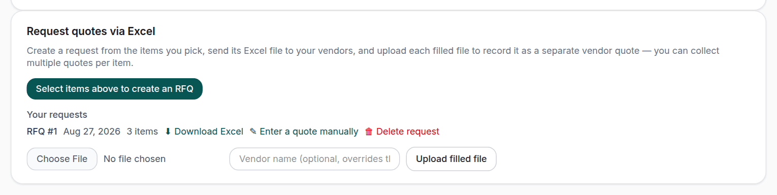 The RFQ section: creating a request from selected items, your requests list and the filled-file upload